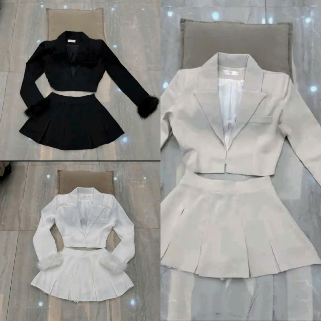Sét bộ vest 3 món áo tay dài phối lông tay chân váy xếp li kèm áo ống nữ