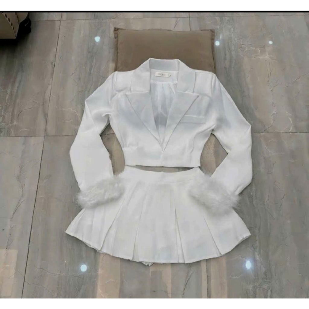 Sét bộ vest 3 món áo tay dài phối lông tay chân váy xếp li kèm áo ống nữ