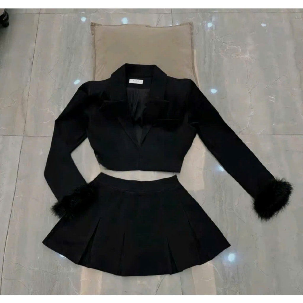 Sét bộ vest 3 món áo tay dài phối lông tay chân váy xếp li kèm áo ống nữ