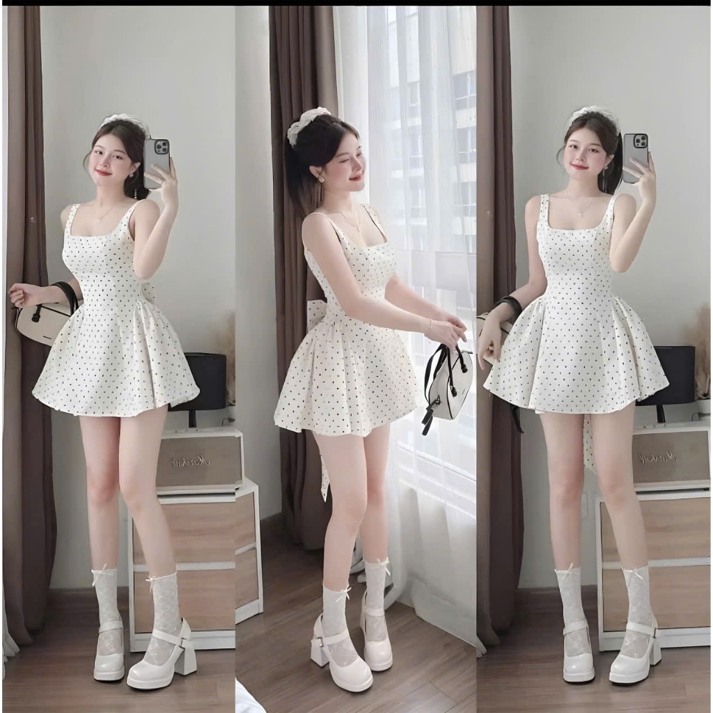 Váy 2 dây dáng xòe bánh bèo trắng chấm bi đính nơ sau lưng siêu xinh hot trend 2025
