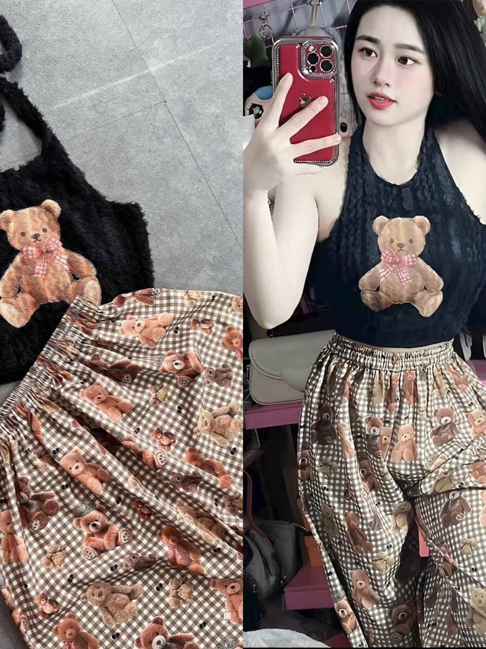 Sét đồ nữ áo yếm lông in gấu quần ống suông rộng họa tiết gấu