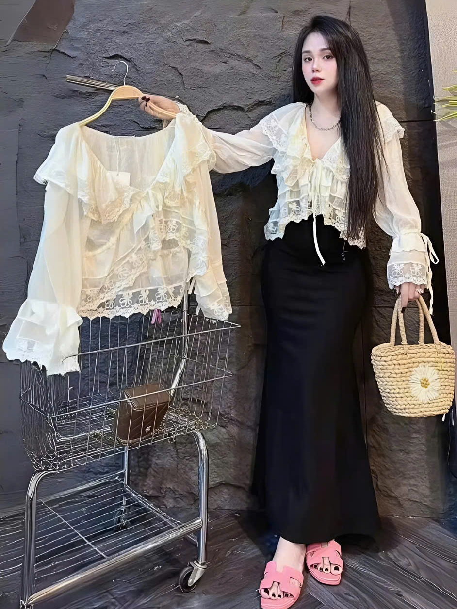 Áo nữ hotrend babydoll bèo cổ tay dài phối ren kem xinh xắn