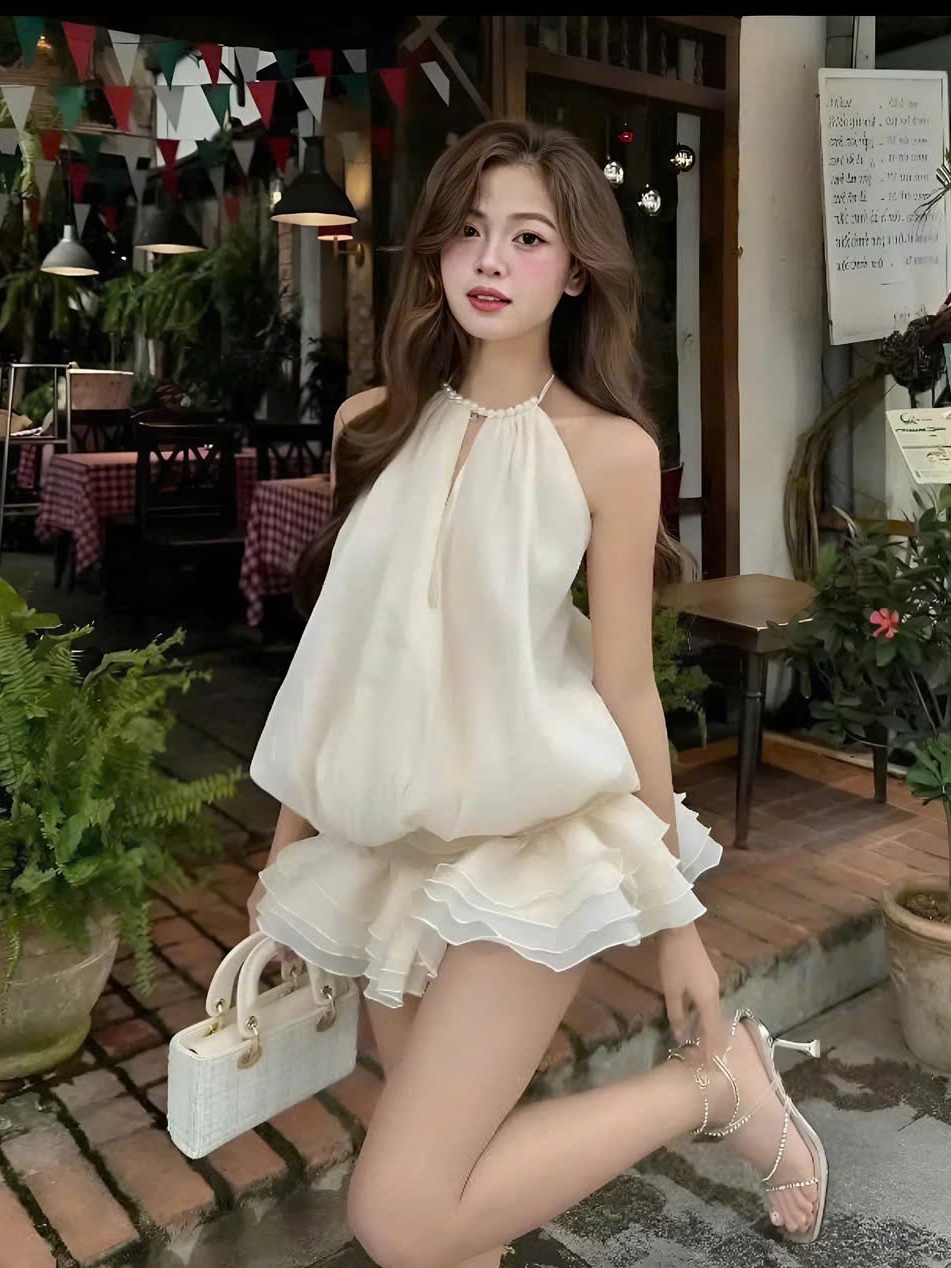 Sét đồ nữ hotrend áo yếm dáng bí cổ đính ngọc váy dáng tầng xoè có quần trong