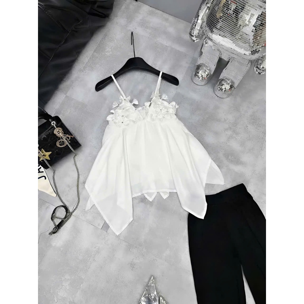 Áo kiểu nữ 2 dây tà nhọn đính nhiều nơ nổi hot trend sang chảnh