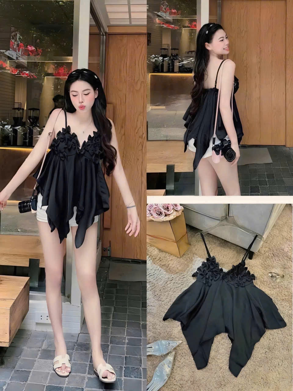 Áo kiểu nữ 2 dây tà nhọn đính nhiều nơ nổi hot trend sang chảnh