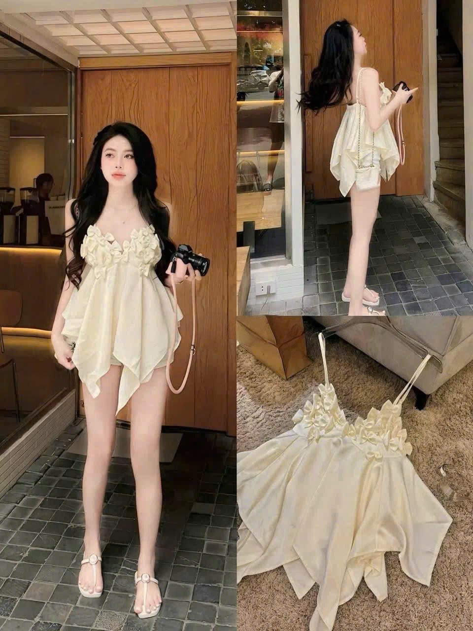 Áo kiểu nữ 2 dây tà nhọn đính nhiều nơ nổi hot trend sang chảnh