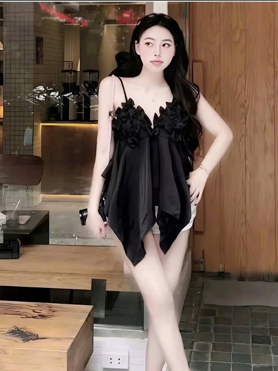 Áo kiểu nữ 2 dây tà nhọn đính nhiều nơ nổi hot trend sang chảnh