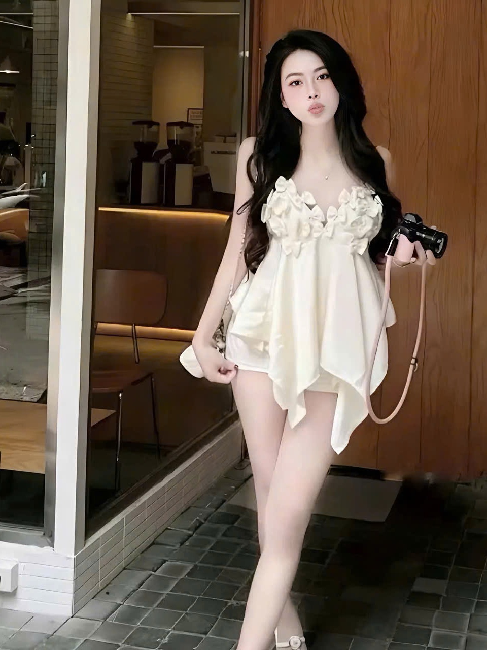 Áo kiểu nữ 2 dây tà nhọn đính nhiều nơ nổi hot trend sang chảnh