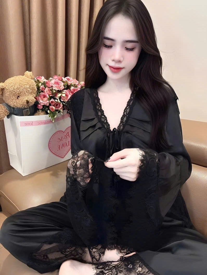 Set đồ ngủ ren nữ sexy hot trend kiểu dáng babydoll chất liệu satin mềm mại thiết kế tháng mát