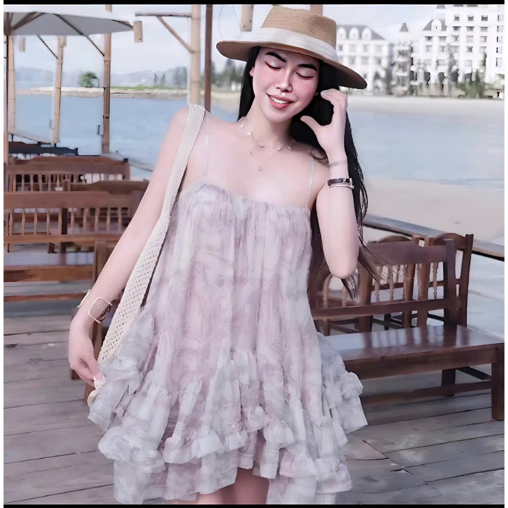 Sét đồ nữ hotrend váy ngắn 2 dây bèo lai kèm quần short bảo hộ chất liệu tơ hoạ tiết xinh phù hợp xu hướng hiện đại