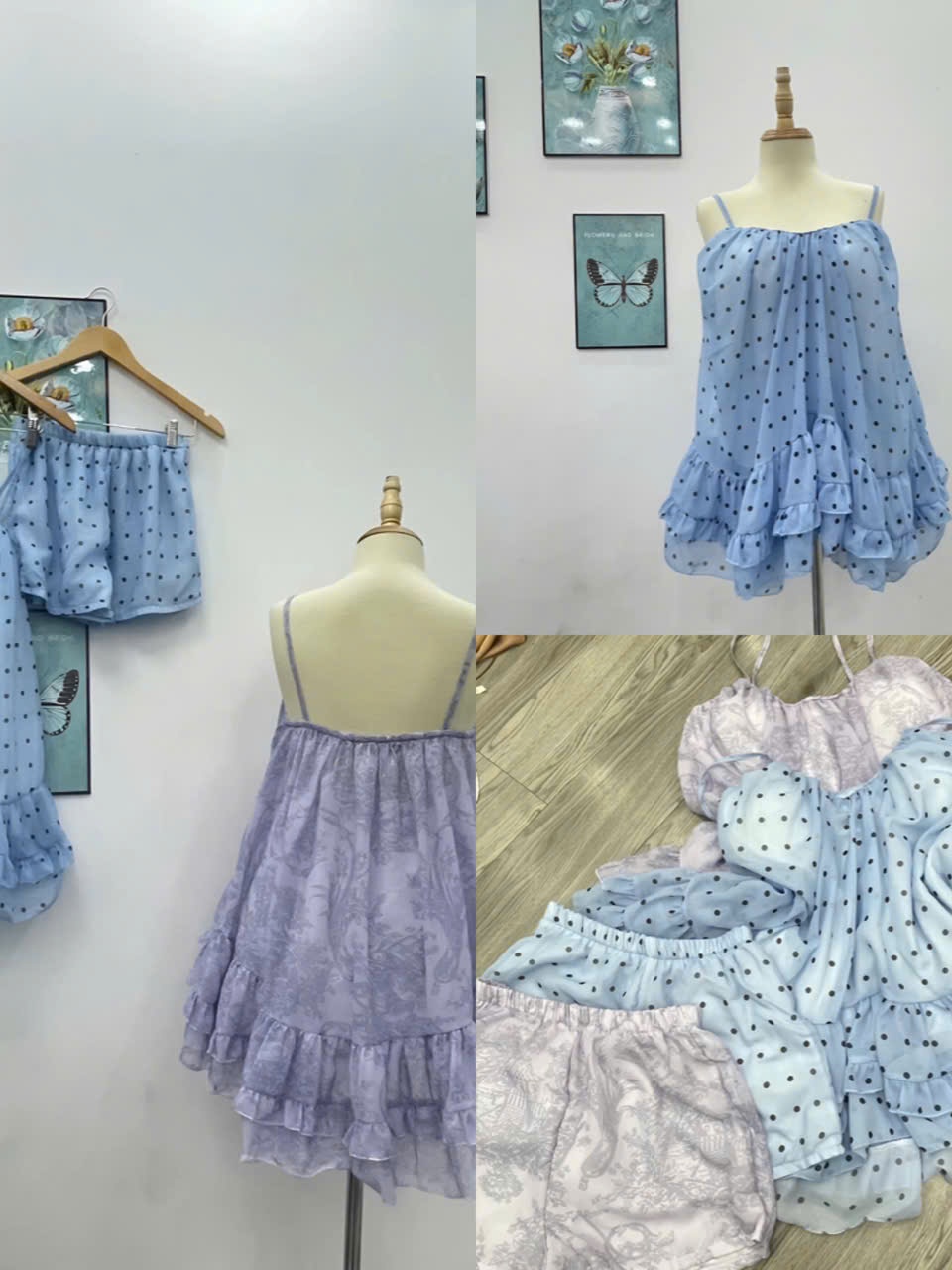 Sét đồ nữ hotrend váy ngắn 2 dây bèo lai kèm quần short bảo hộ chất liệu tơ hoạ tiết xinh phù hợp xu hướng hiện đại