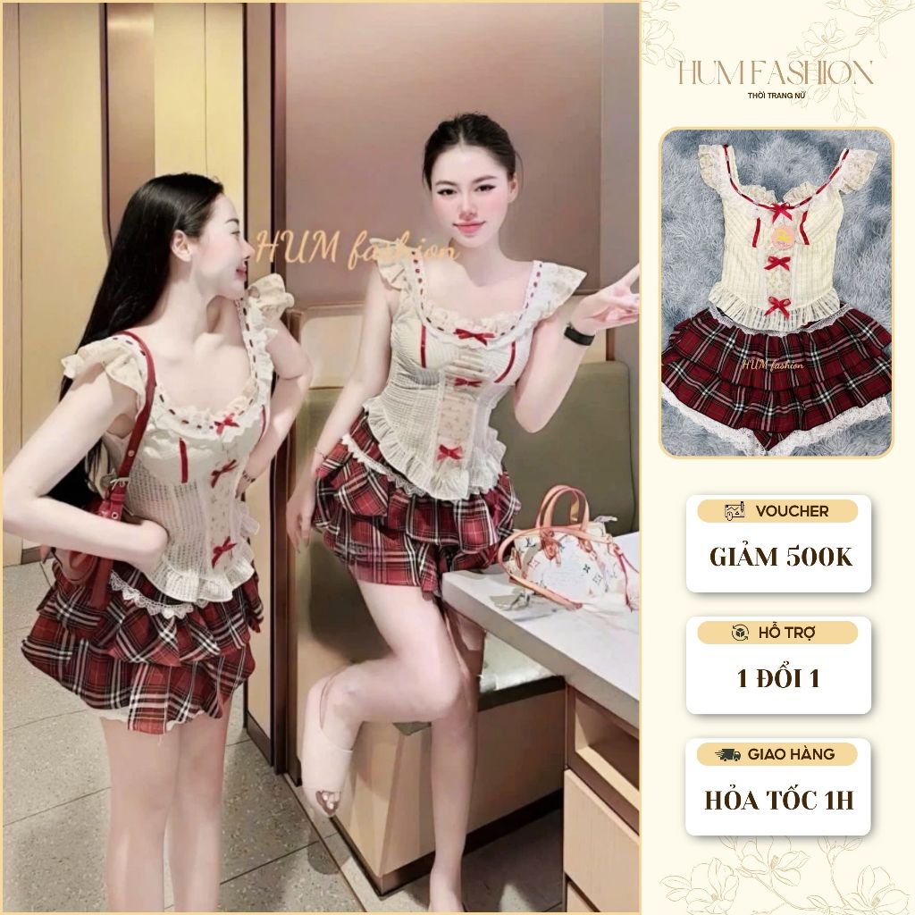 Set áo cánh tiên đính nơ phối chân váy caro sọc đỏ hot trend 2025