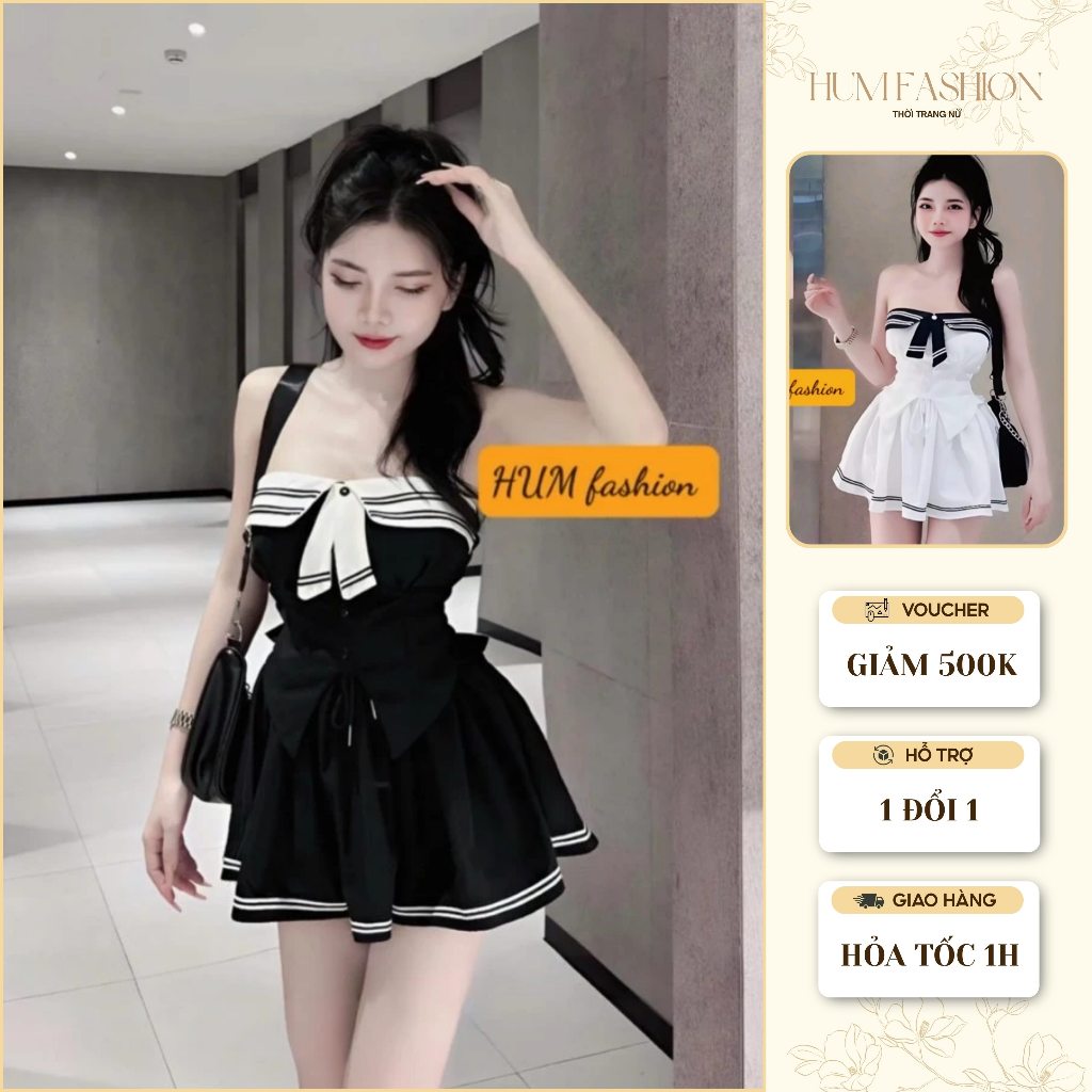 Sét bộ nữ tiểu thư chân váy phối viền áo cúp ngực có dây vai
