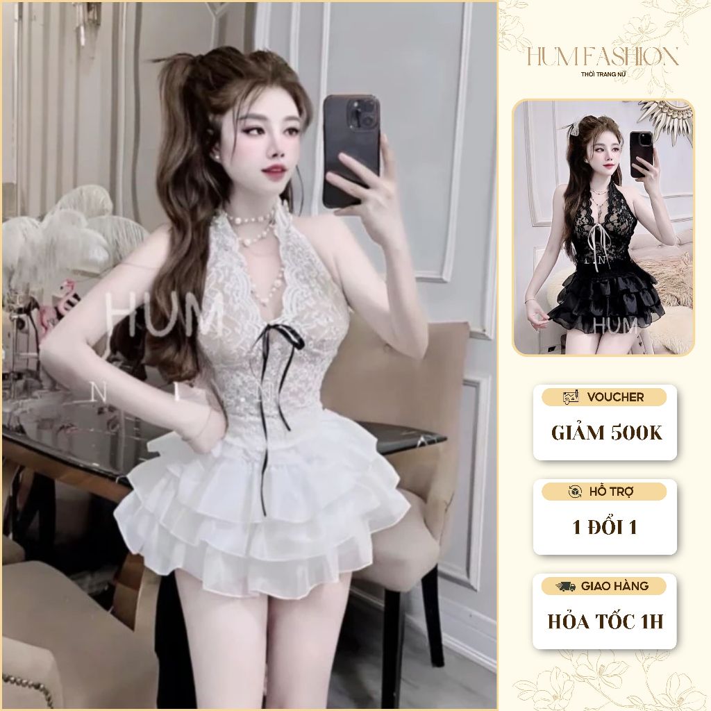 Set bộ nữ áo ren yếm chân tơ nhiều tầng sang chảnh humfashion