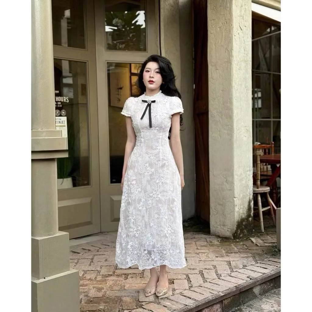 Đầm váy tơ ren đính cổ ngọc chiết eo dáng dài, váy thiết kế ren vai tiểu thư sang chảnh