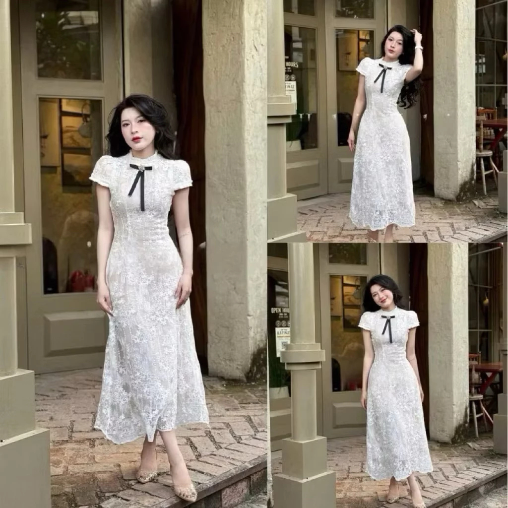 Đầm váy tơ ren đính cổ ngọc chiết eo dáng dài, váy thiết kế ren vai tiểu thư sang chảnh