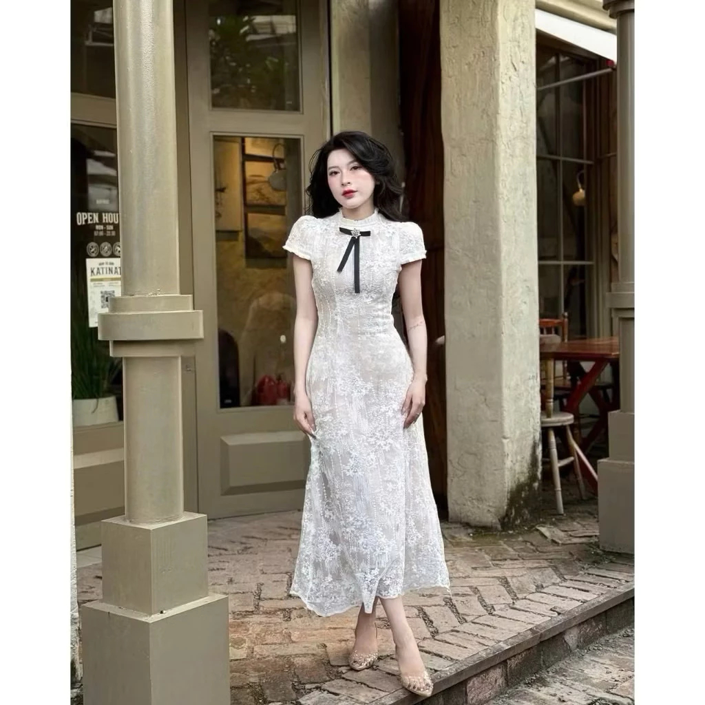 Đầm váy tơ ren đính cổ ngọc chiết eo dáng dài, váy thiết kế ren vai tiểu thư sang chảnh