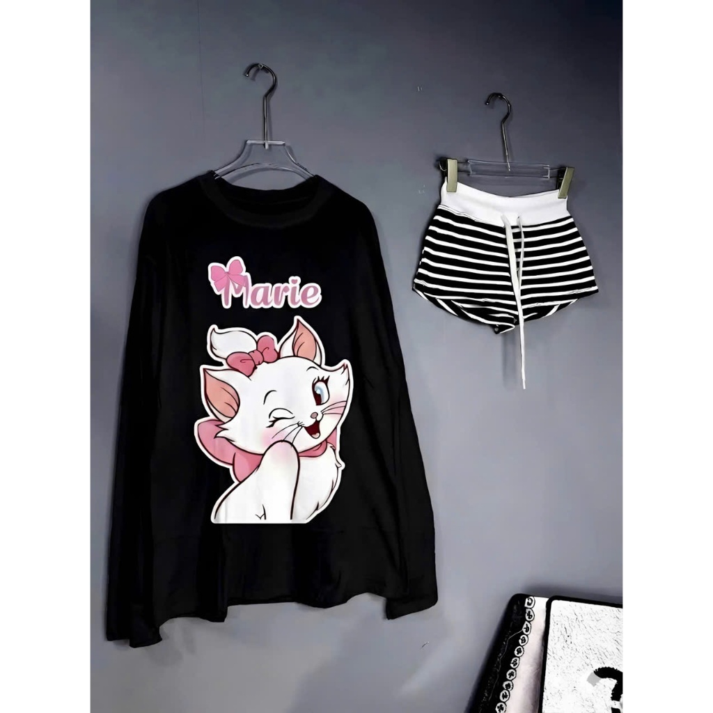 Sét đồ nữ áo thun cotton tay dài in hoạ tiết mix quần short sọc - Nữ