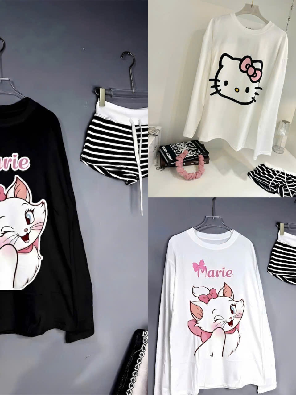 Sét đồ nữ áo thun cotton tay dài in hoạ tiết mix quần short sọc - Nữ
