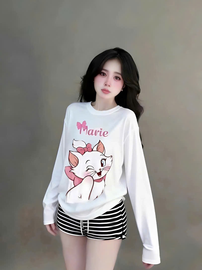 Sét đồ nữ áo thun cotton tay dài in hoạ tiết mix quần short sọc - Nữ