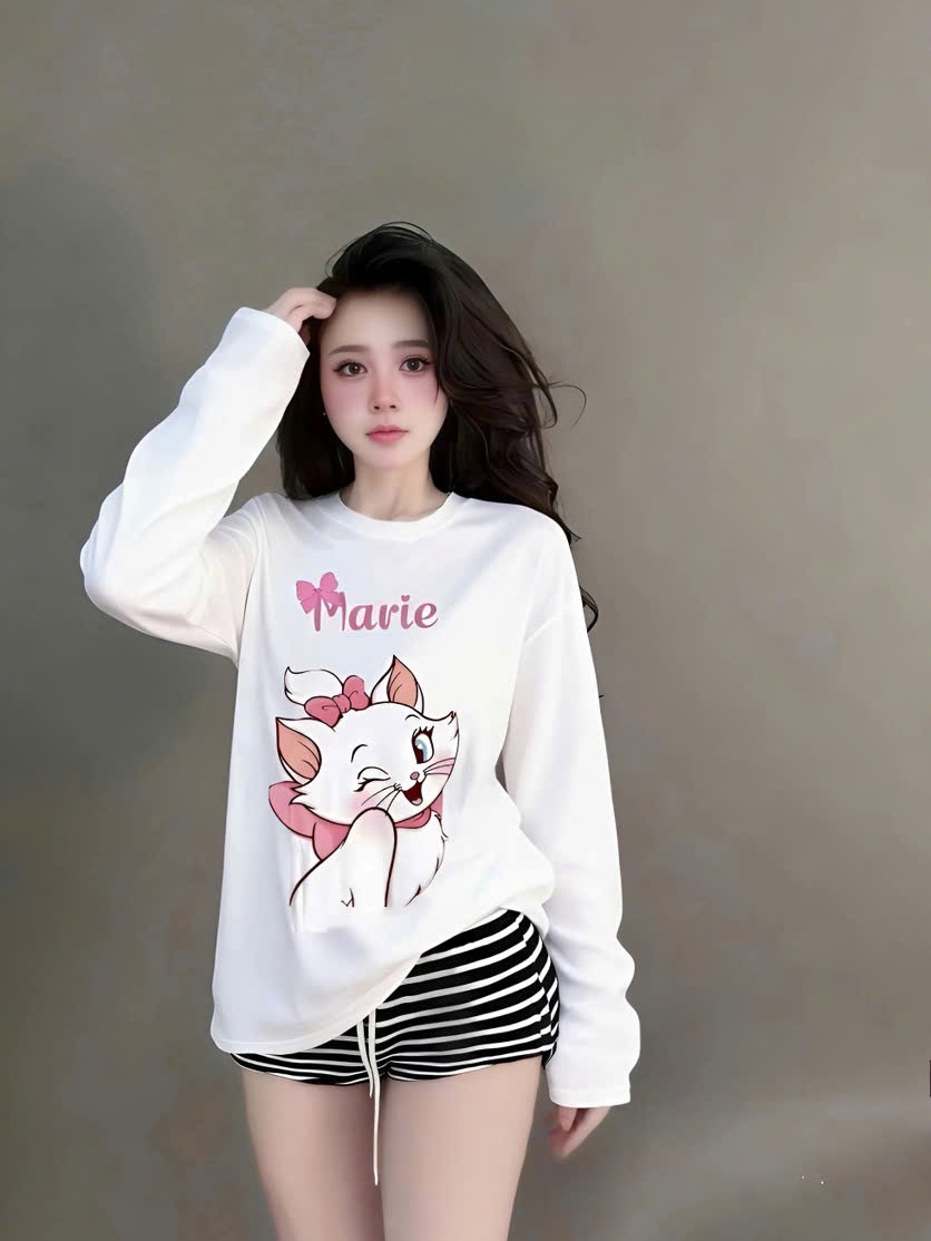 Sét đồ nữ áo thun cotton tay dài in hoạ tiết mix quần short sọc - Nữ