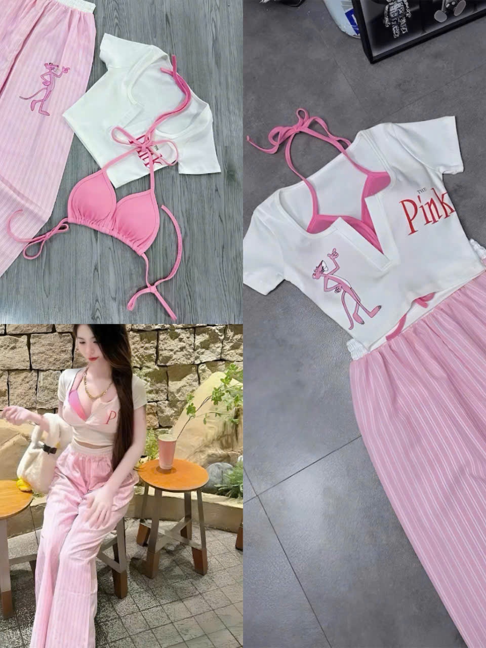 Sét đồ nữ 3 món quần dài sọc áo thun in báo PINK kèm áo bra chất liệu mềm mại và thoải mái