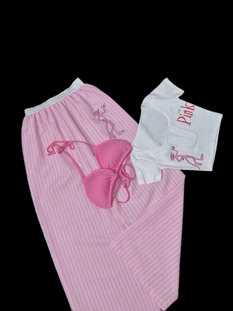 Sét đồ nữ 3 món quần dài sọc áo thun in báo PINK kèm áo bra chất liệu mềm mại và thoải mái