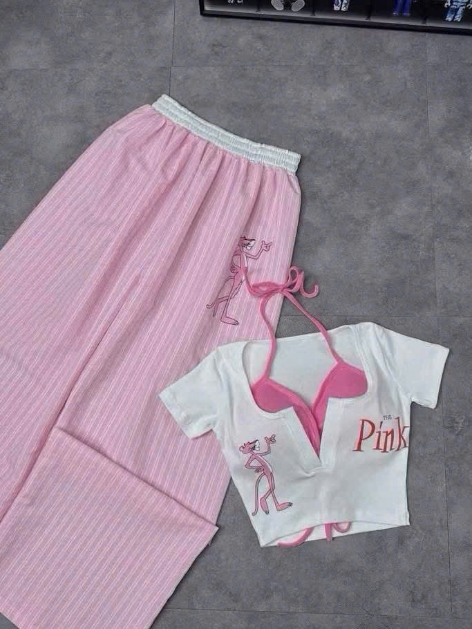 Sét đồ nữ 3 món quần dài sọc áo thun in báo PINK kèm áo bra chất liệu mềm mại và thoải mái