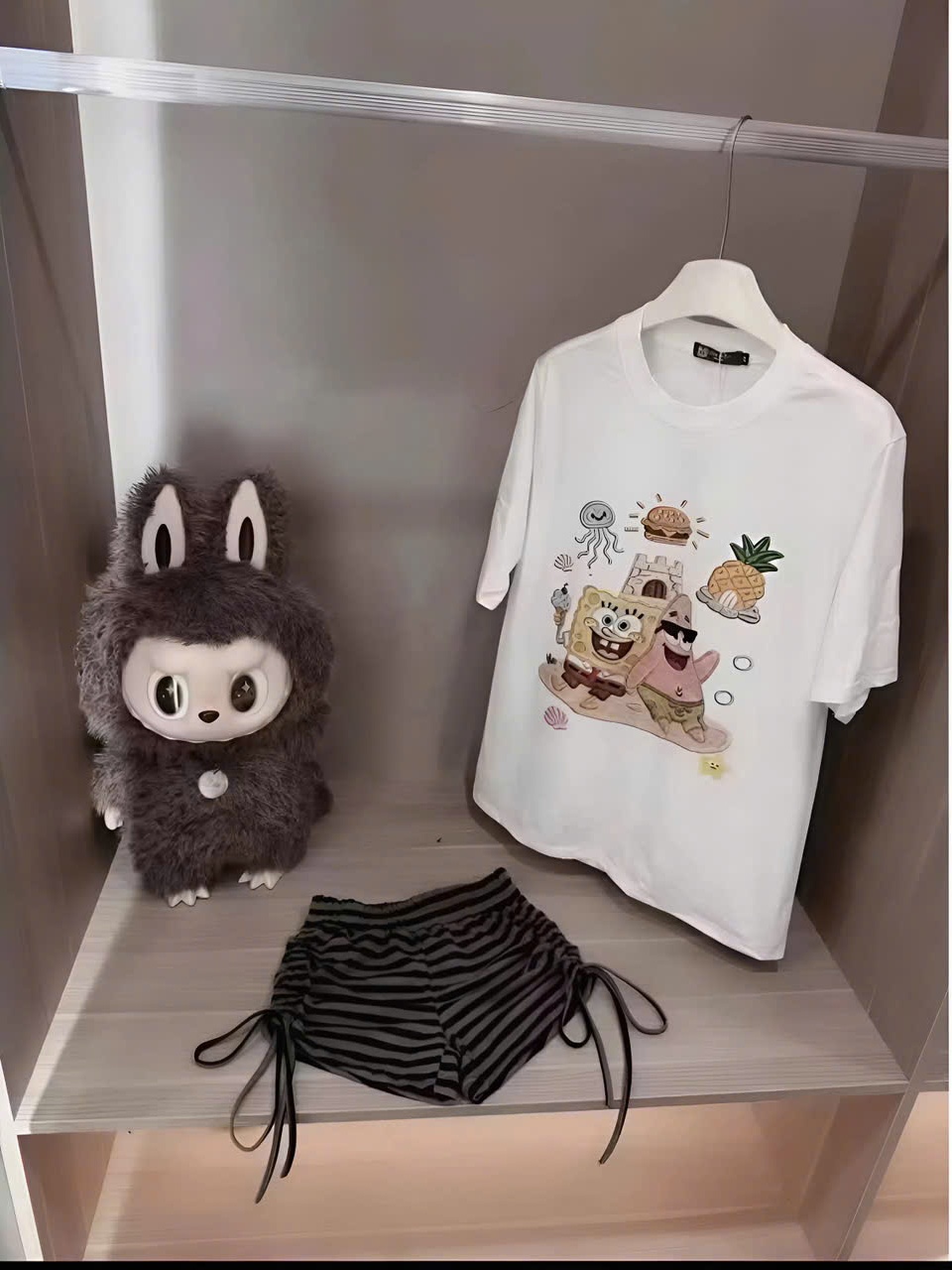 Bộ nữ áo thun cotton 100% in bọt biển mix quần short borip sọc có dây rút sườn