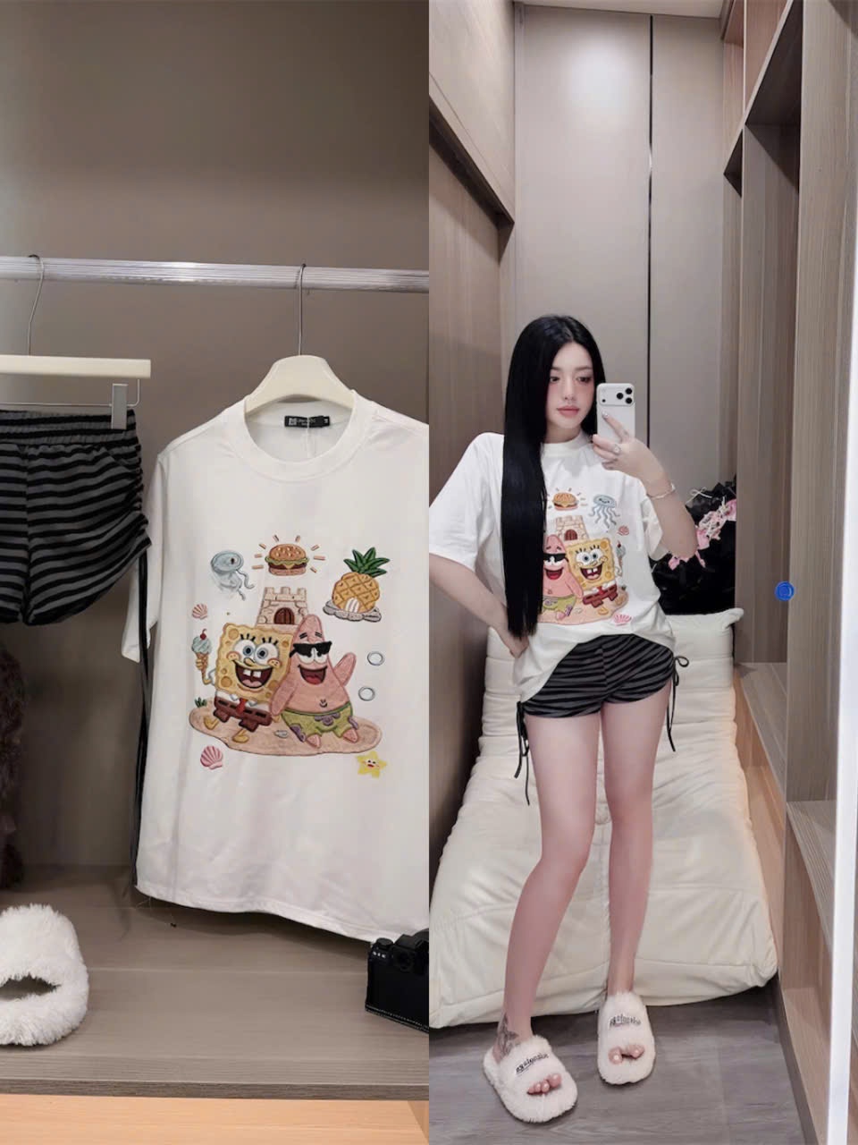 Bộ nữ áo thun cotton 100% in bọt biển mix quần short borip sọc có dây rút sườn