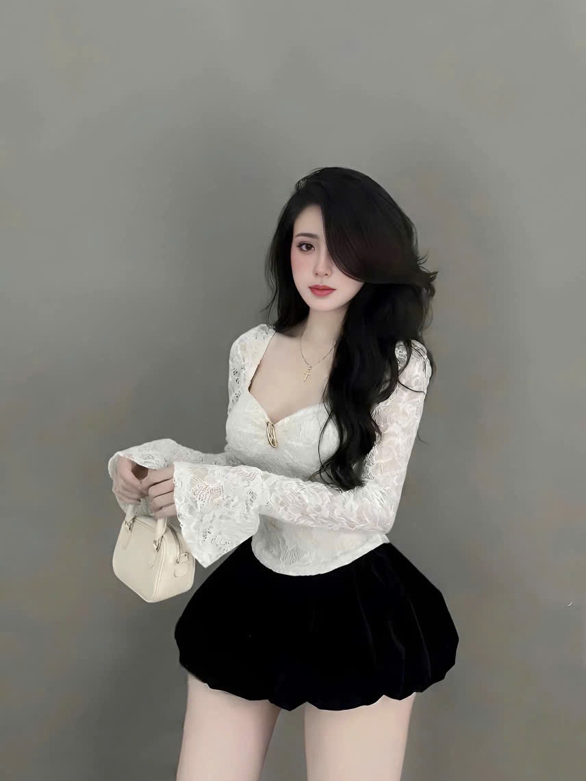 Sét đồ nữ thiết kế quần bí áo cúp ren tay dài ống loe trang trí khoen phụ kiện - Nữ