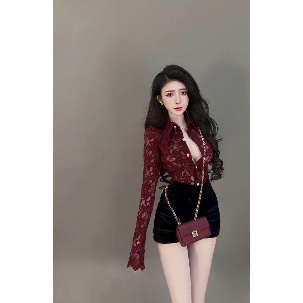 Sét đồ nữ áo ren sơ mi tay dài có lót mix quần short thun poly