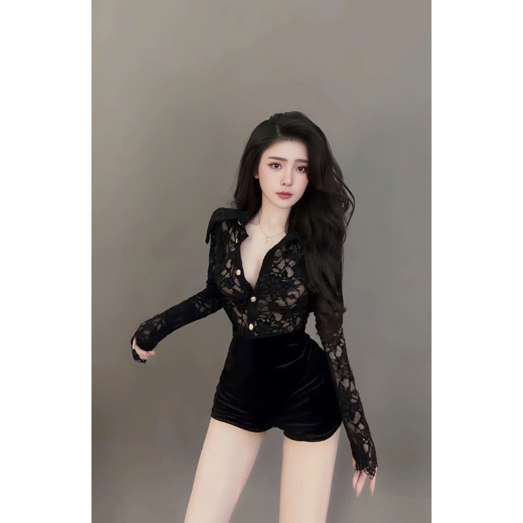 Sét đồ nữ áo ren sơ mi tay dài có lót mix quần short thun poly
