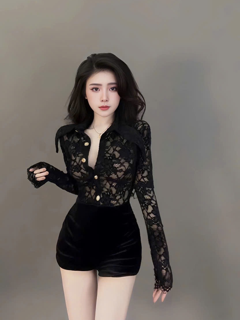 Sét đồ nữ áo ren sơ mi tay dài có lót mix quần short thun poly