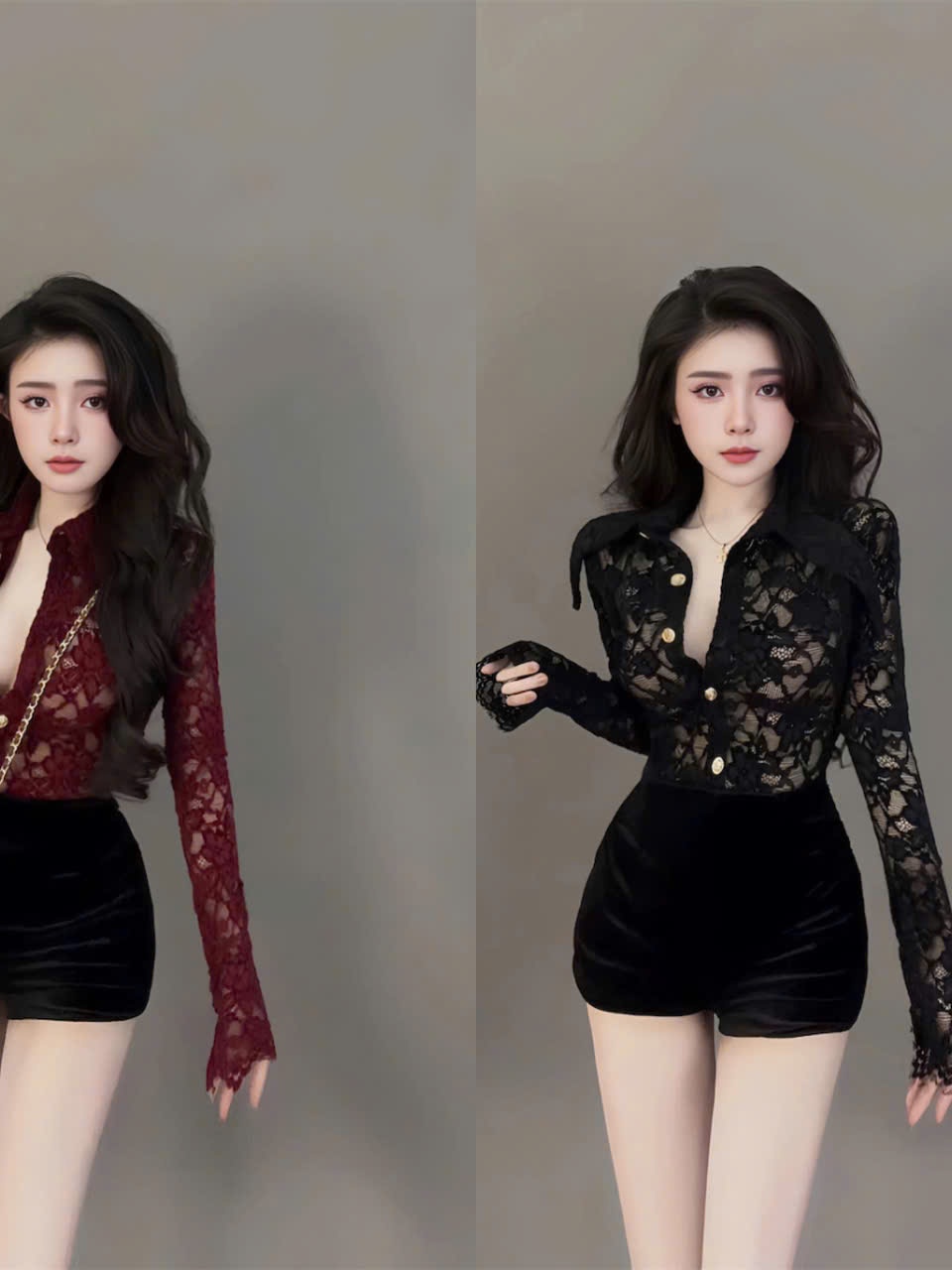 Sét đồ nữ áo ren sơ mi tay dài có lót mix quần short thun poly