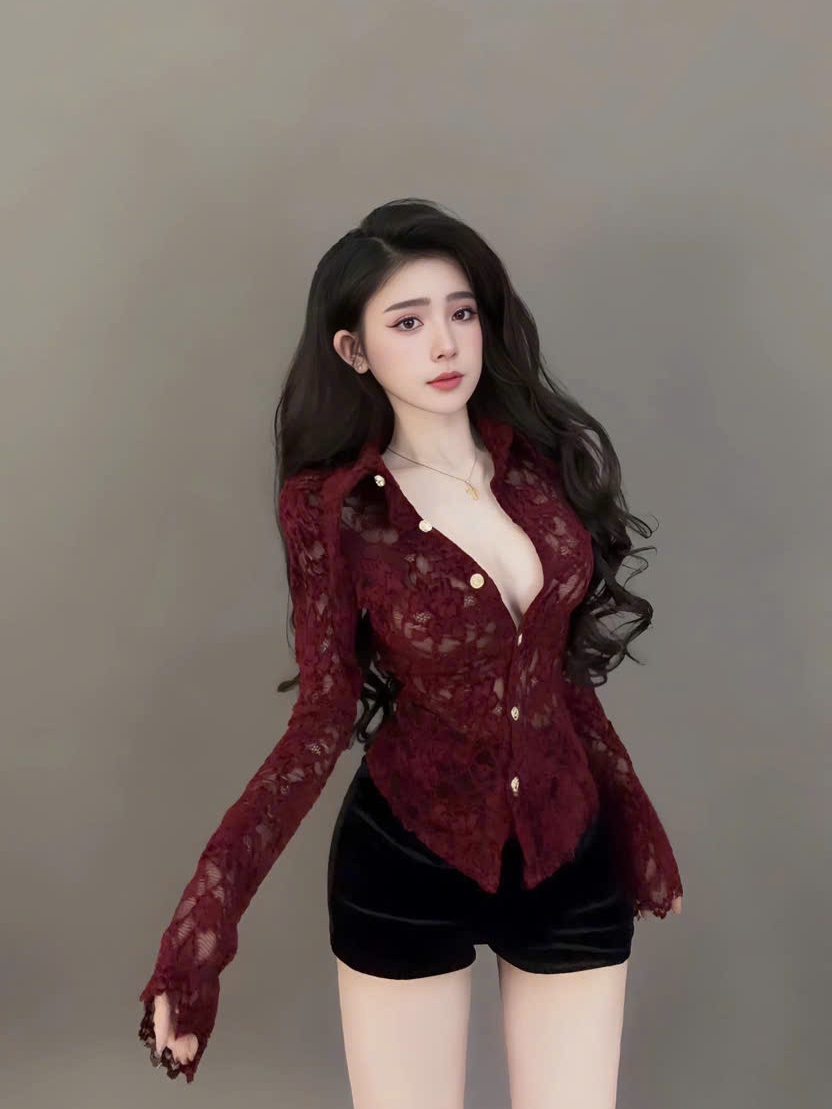 Sét đồ nữ áo ren sơ mi tay dài có lót mix quần short thun poly