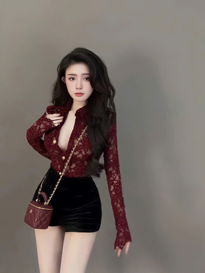 Sét đồ nữ áo ren sơ mi tay dài có lót mix quần short thun poly