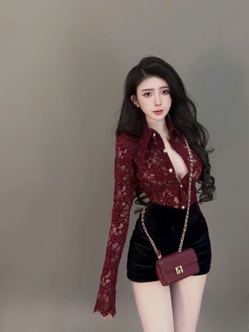 Sét đồ nữ áo ren sơ mi tay dài có lót mix quần short thun poly