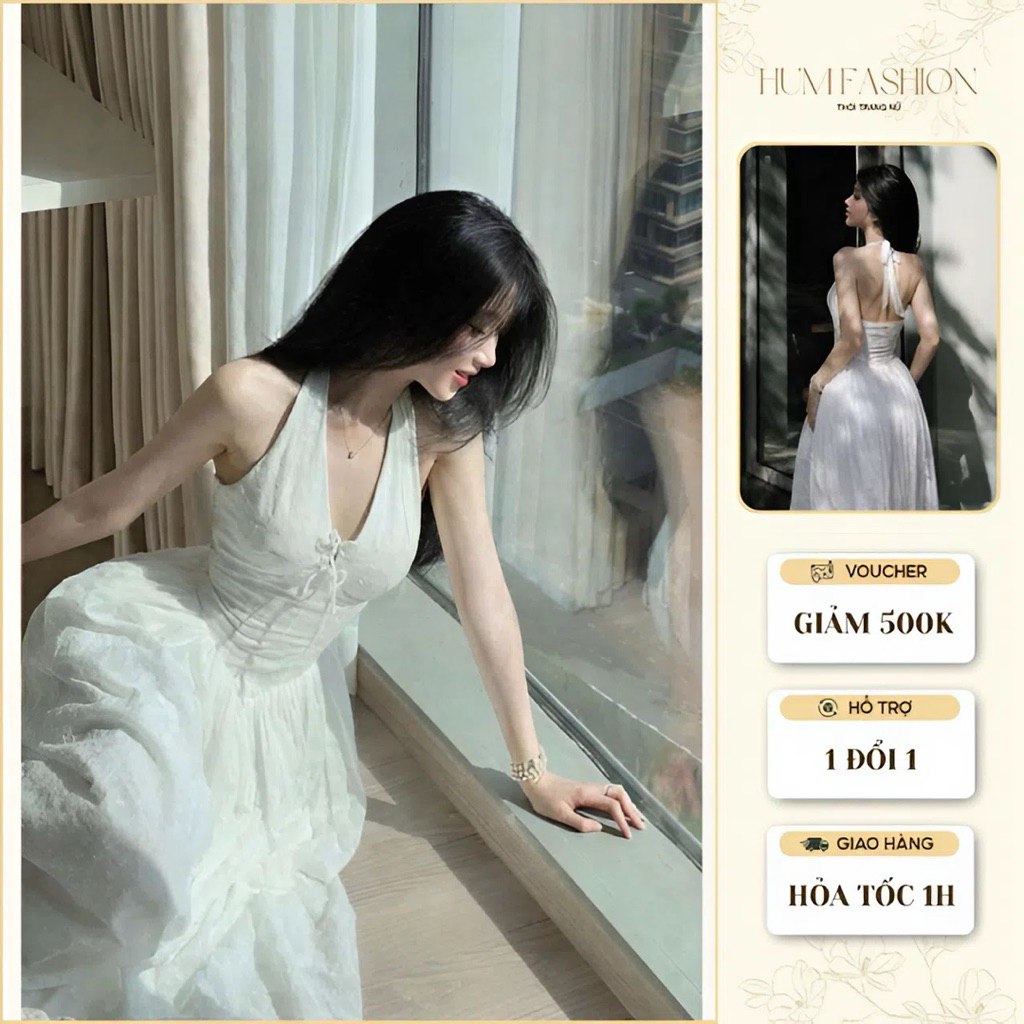 Váy cổ yếm thắt nơ dáng dài, váy tiểu thư công chúa đi biển đi chơi