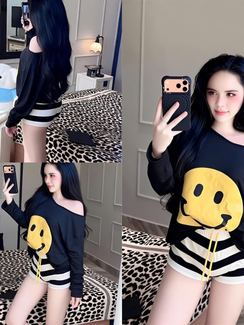 Sét đồ nữ hotrend áo thun cotton mặt cười tay dài lêch vai mix quần short sọc thời trang hiện đại