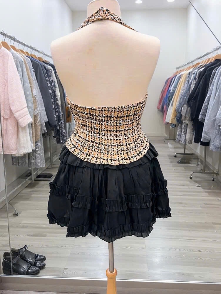 Sét đồ nữ hotrend áo yếm dạ đính hoa trà mix chân váy tơ tầng thời trang cho phong cách nữ tính và sang trọng