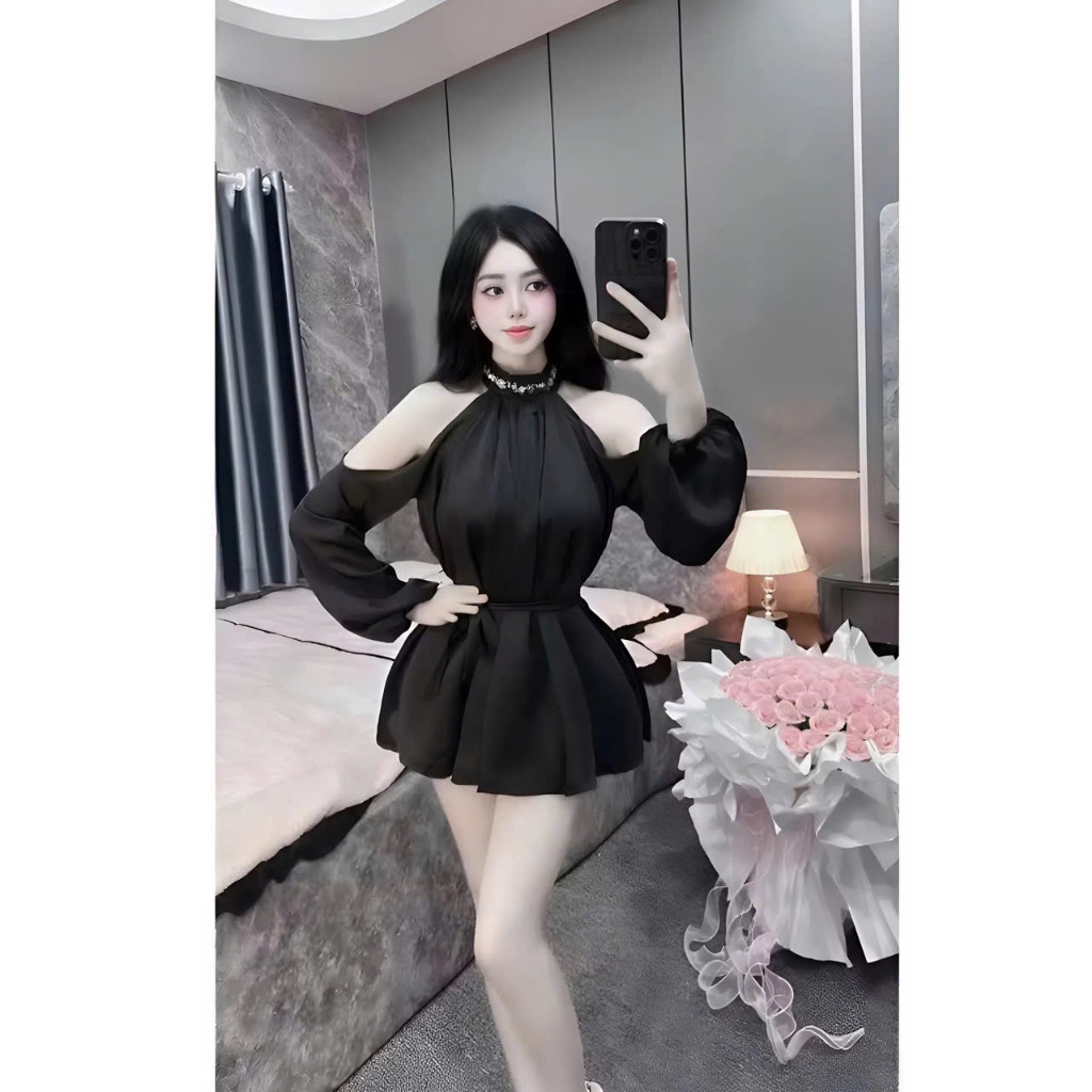 Đầm Thời Trang Nữ cổ yếm trang trí dây kim sa kèm dây cột eo_ Thiết Kế Sang Trọng Phù Hợp Mọi Dịp Màu Trắng & Đen Kiểu D