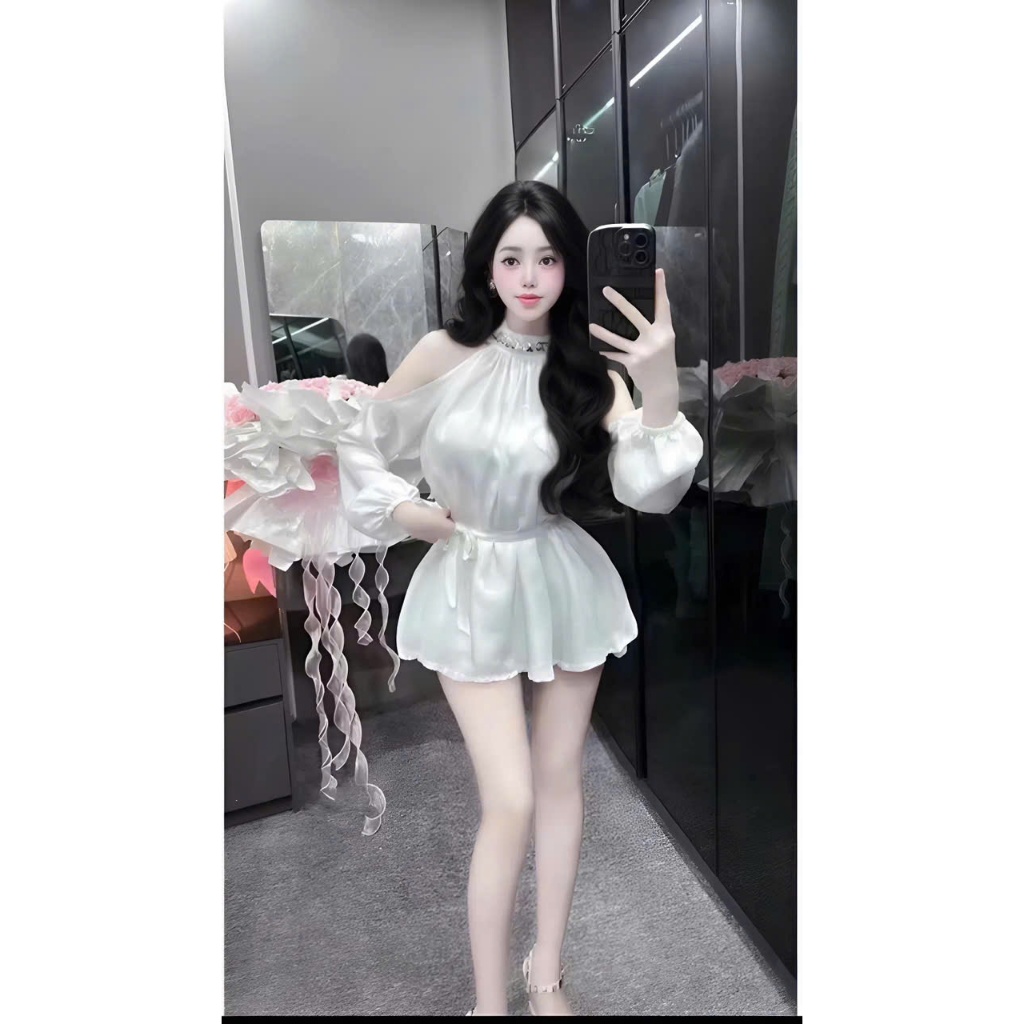 Đầm Thời Trang Nữ cổ yếm trang trí dây kim sa kèm dây cột eo_ Thiết Kế Sang Trọng Phù Hợp Mọi Dịp Màu Trắng & Đen Kiểu D