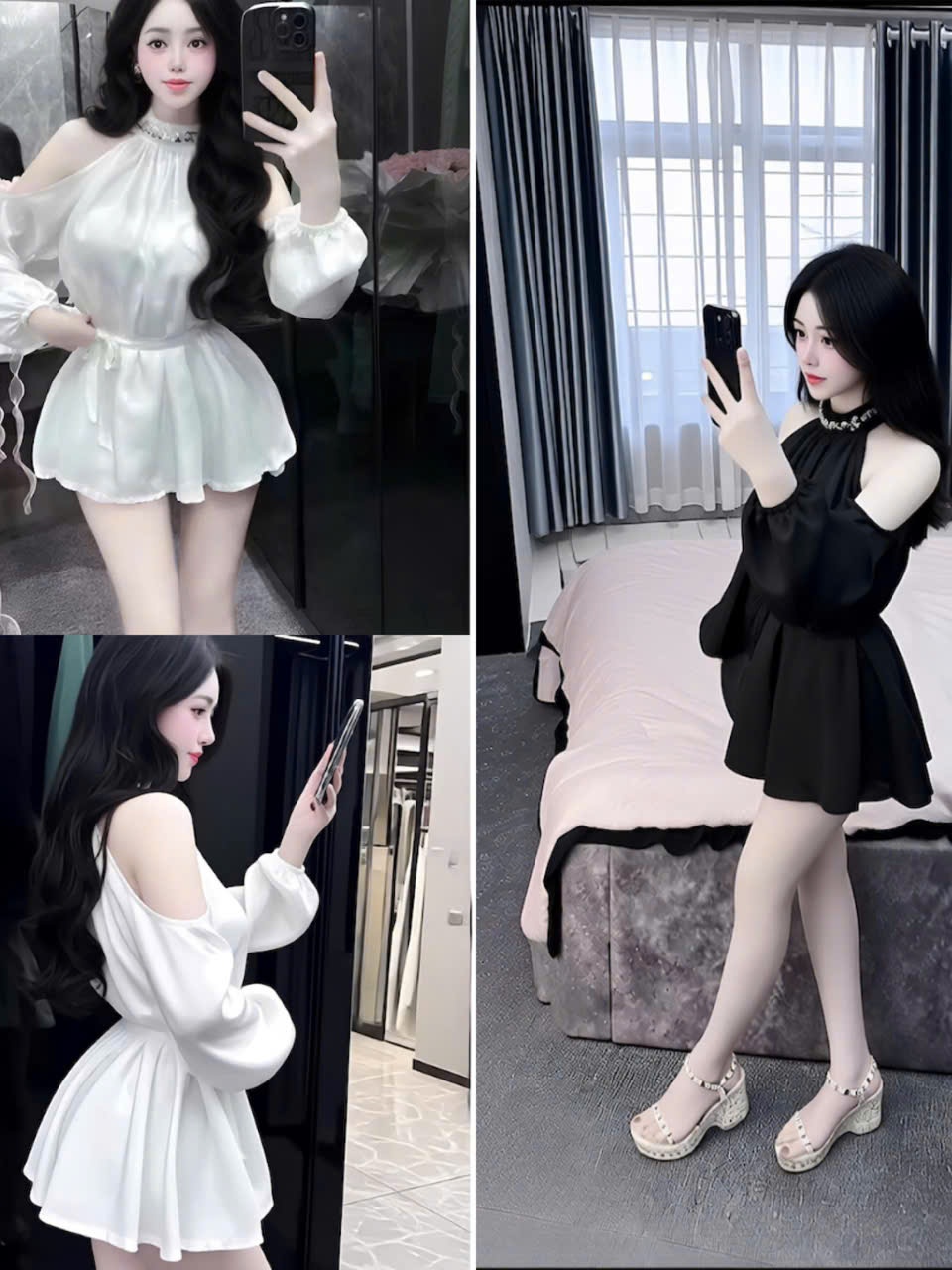 Đầm Thời Trang Nữ cổ yếm trang trí dây kim sa kèm dây cột eo_ Thiết Kế Sang Trọng Phù Hợp Mọi Dịp Màu Trắng & Đen Kiểu D