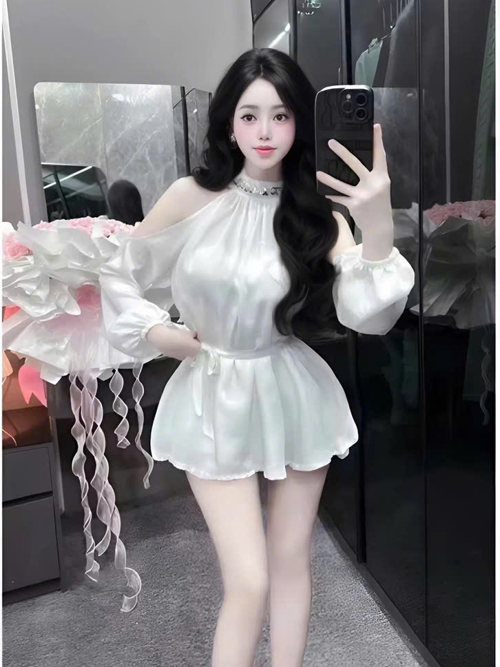 Đầm Thời Trang Nữ cổ yếm trang trí dây kim sa kèm dây cột eo_ Thiết Kế Sang Trọng Phù Hợp Mọi Dịp Màu Trắng & Đen Kiểu D