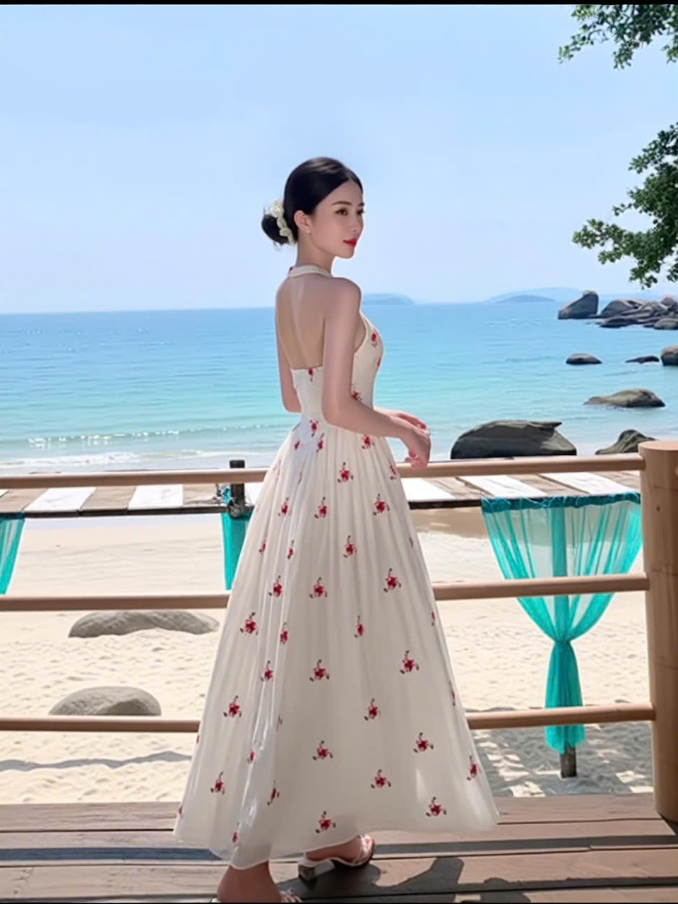 Đầm maxi đi biển thiết kế cổ yếm dài dáng xòe, đầm dạo phốt chất tơ hoa