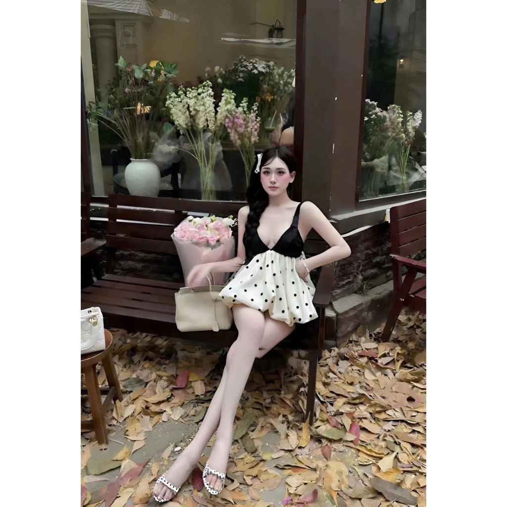 Set áo bí 2 dây phối chấm bi kèm chân váy tiểu thư sang chảnh hot trend hè 2026