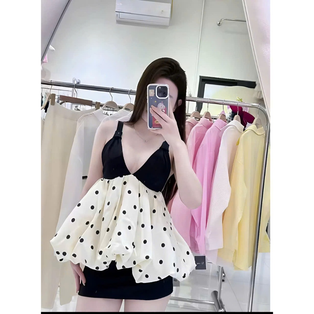 Set áo bí 2 dây phối chấm bi kèm chân váy tiểu thư sang chảnh hot trend hè 2026
