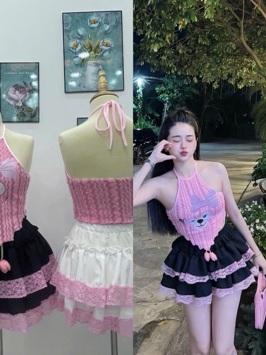Bộ đồ nữ  tầng phối ren áo yếm lông in gấu - Women, Top Sen Nhung Hoa Sen Viền Ren chân váy lụa