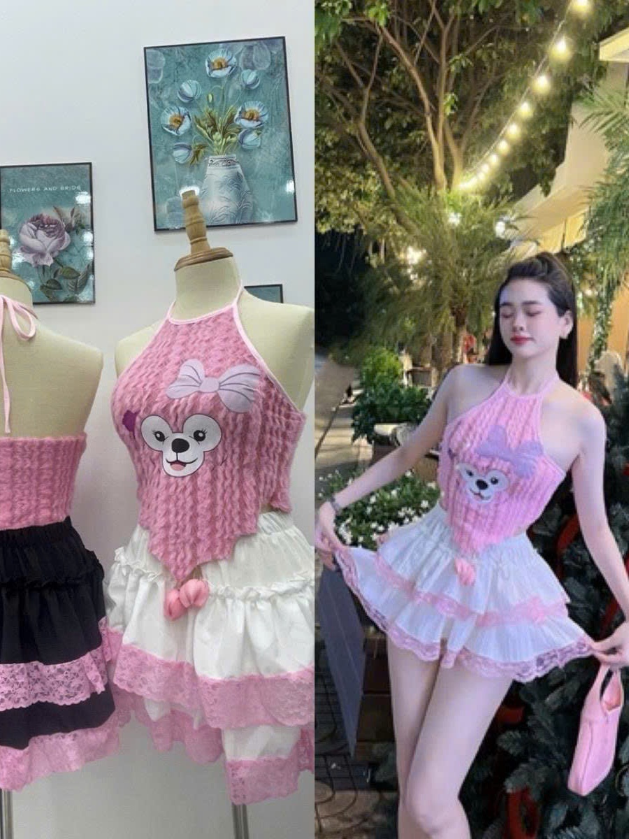 Bộ đồ nữ  tầng phối ren áo yếm lông in gấu - Women, Top Sen Nhung Hoa Sen Viền Ren chân váy lụa